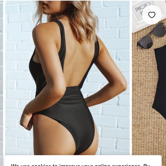 Black one piece plunging neck cheeky swimsuit - Picture 2 of 3